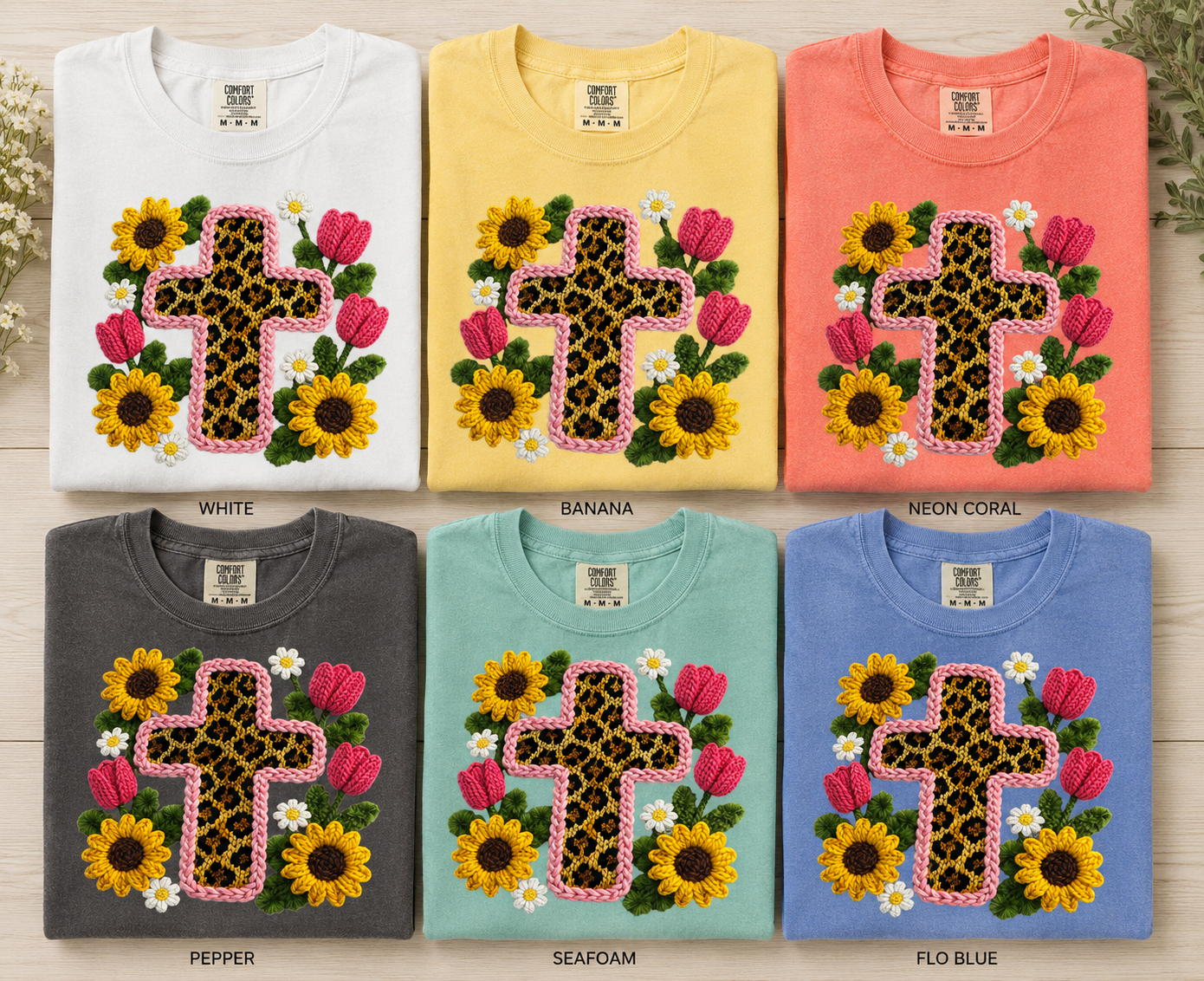 Faux Knit Cross & Flowers