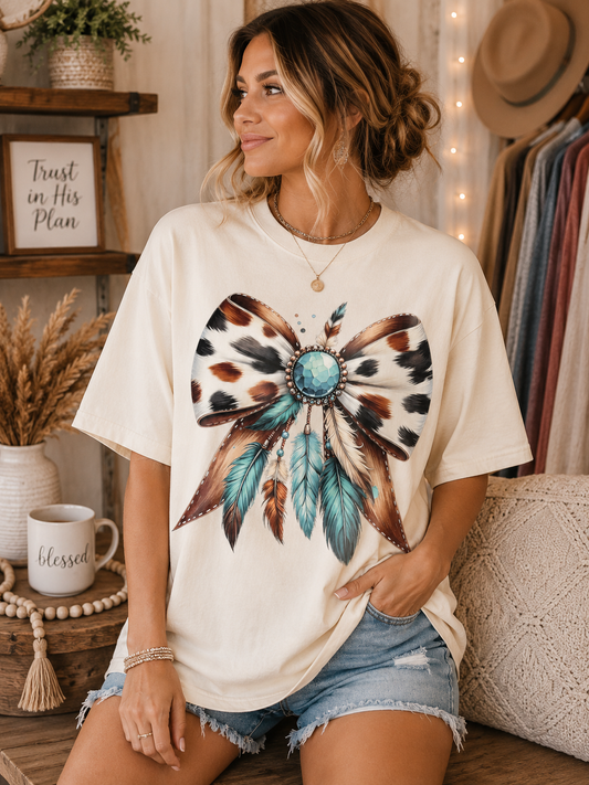 Feathered Cowhide Turquoise Bow