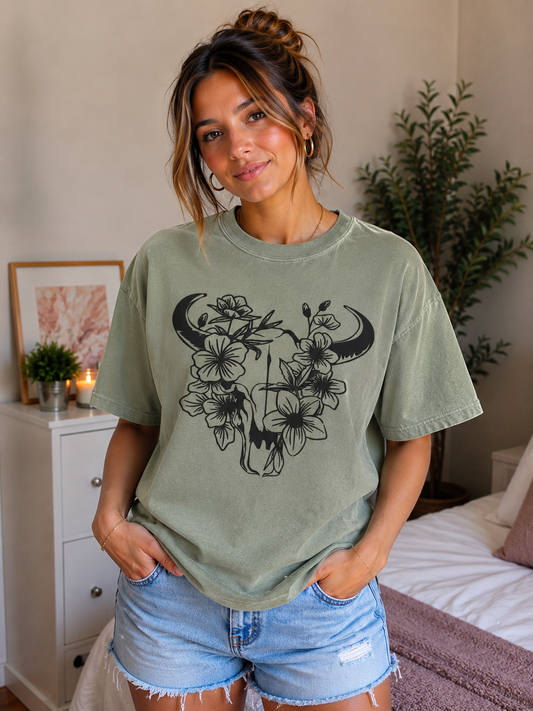 Floral Cow Skull Black Ink