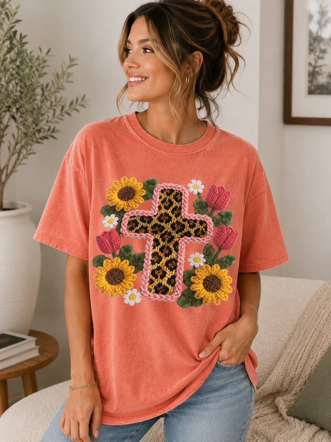Faux Knit Cross & Flowers